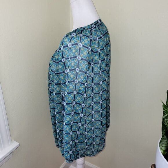 Liz Claiborne Green Blue Print Popover 3/4 Sleeve Boho Chiffon Blouse Women SZ L - Picture 4 of 13